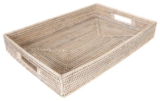 Artifacts Rattan Rectangular Tray With Cutout Handles, White Wash, Large