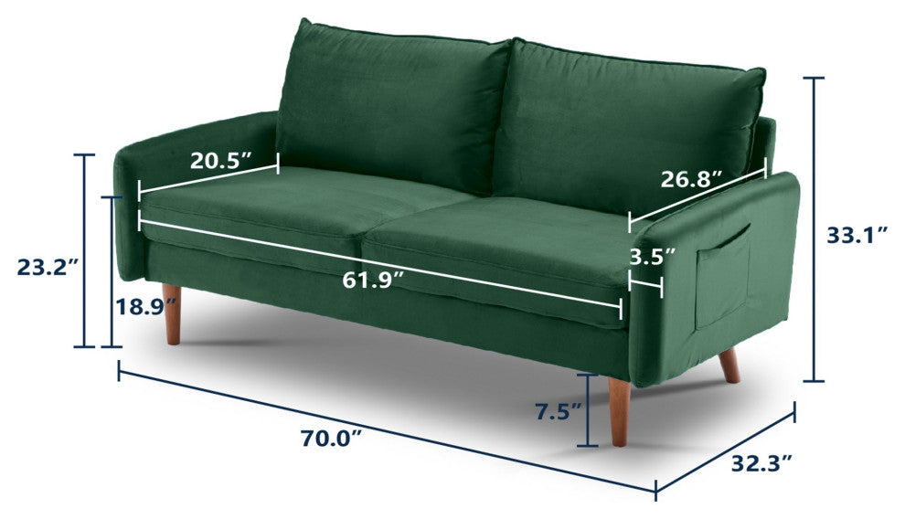 Green Contemporary Velvet Sofa With Side Pockets