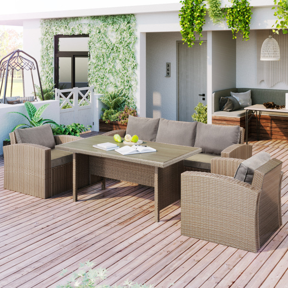 4 Pieces Outdoor Rattan Patio Sectional Sofa Set With Cushions, Gray