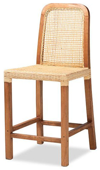 Caspia Modern Walnut Brown Finished Wood and Natural Rattan Counter Stool