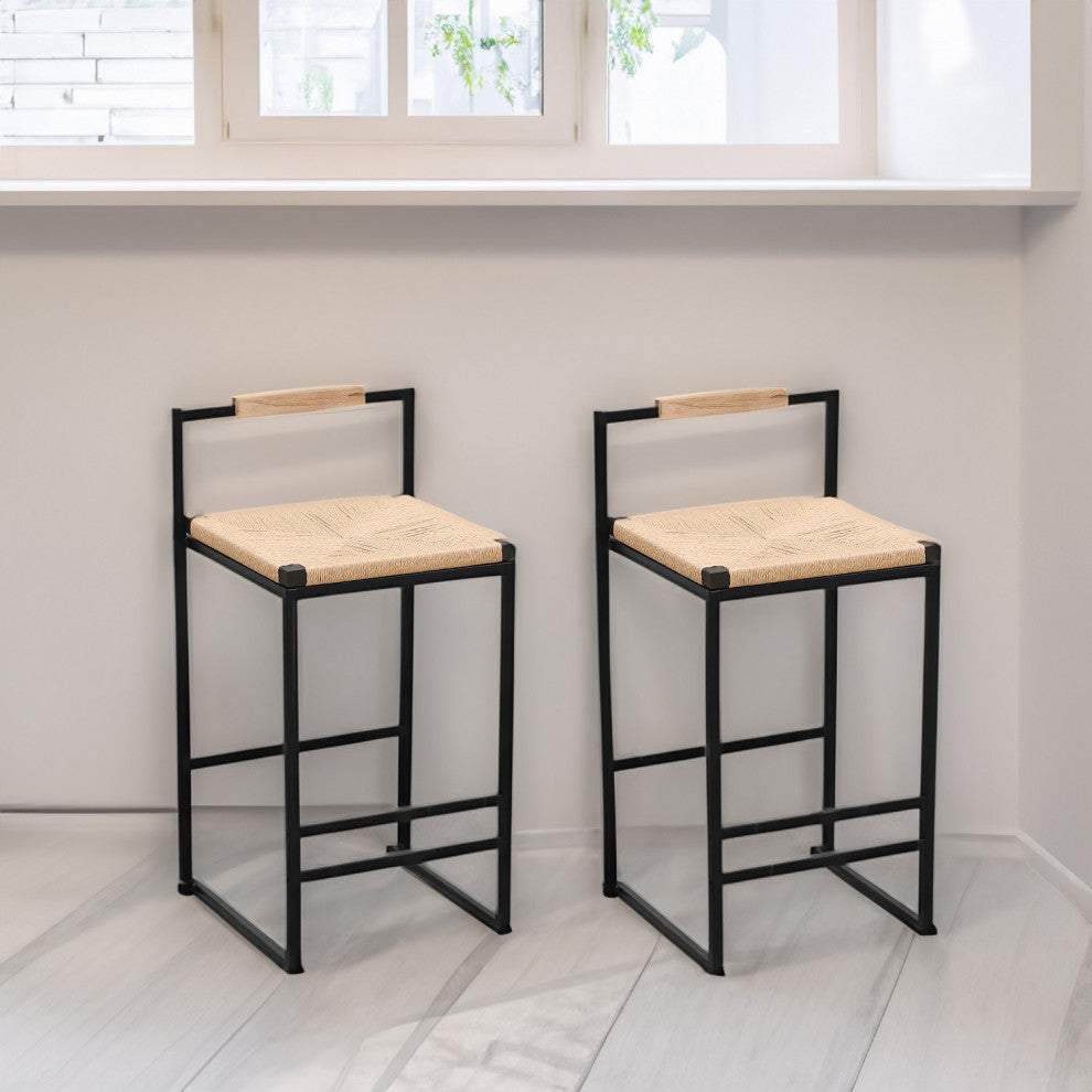 16.54" Natural Back Metal Bar Stools With Paper Rope Woven Seat, Set of 2