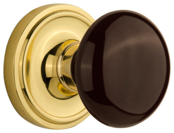 Classic Rosette Privacy Brown Porcelain Knob, Polished Brass