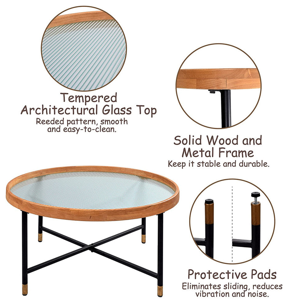 Farmhouse Glass Coffee Table, Rubberwood Tray and Metal Frame, Reeded Pattren