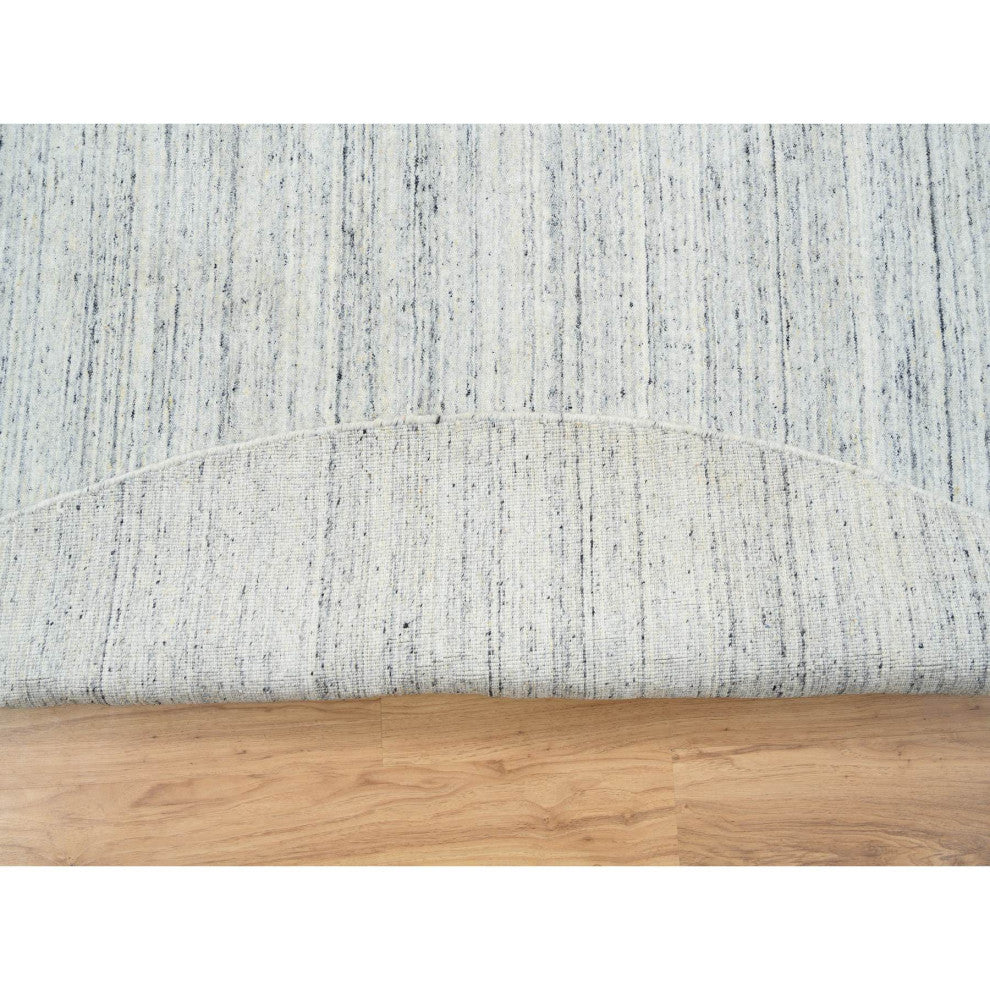 Ivory Plain Modern Striped Design Pure Wool Hand Loomed Round Rug, 11'10"x11'10"