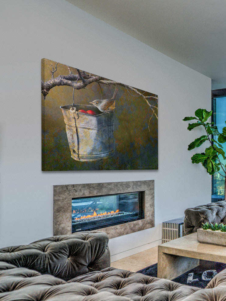 "Apple Bucket Wren" Print on Canvas by Chris Vest
