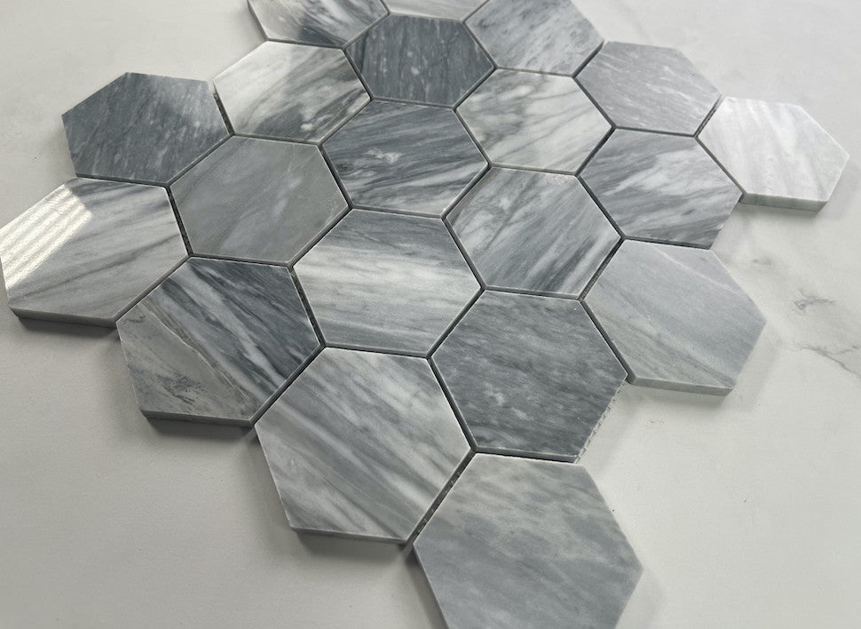 Bardiglio Gray Dark Grey Marble 3 inch Hexagon Mosaic Tile Polished, 1 sheet