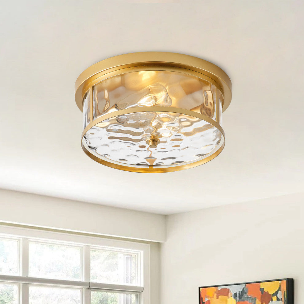 Industrial Gold 2-Light Water Ripple Glass Flush Mount Ceiling Light