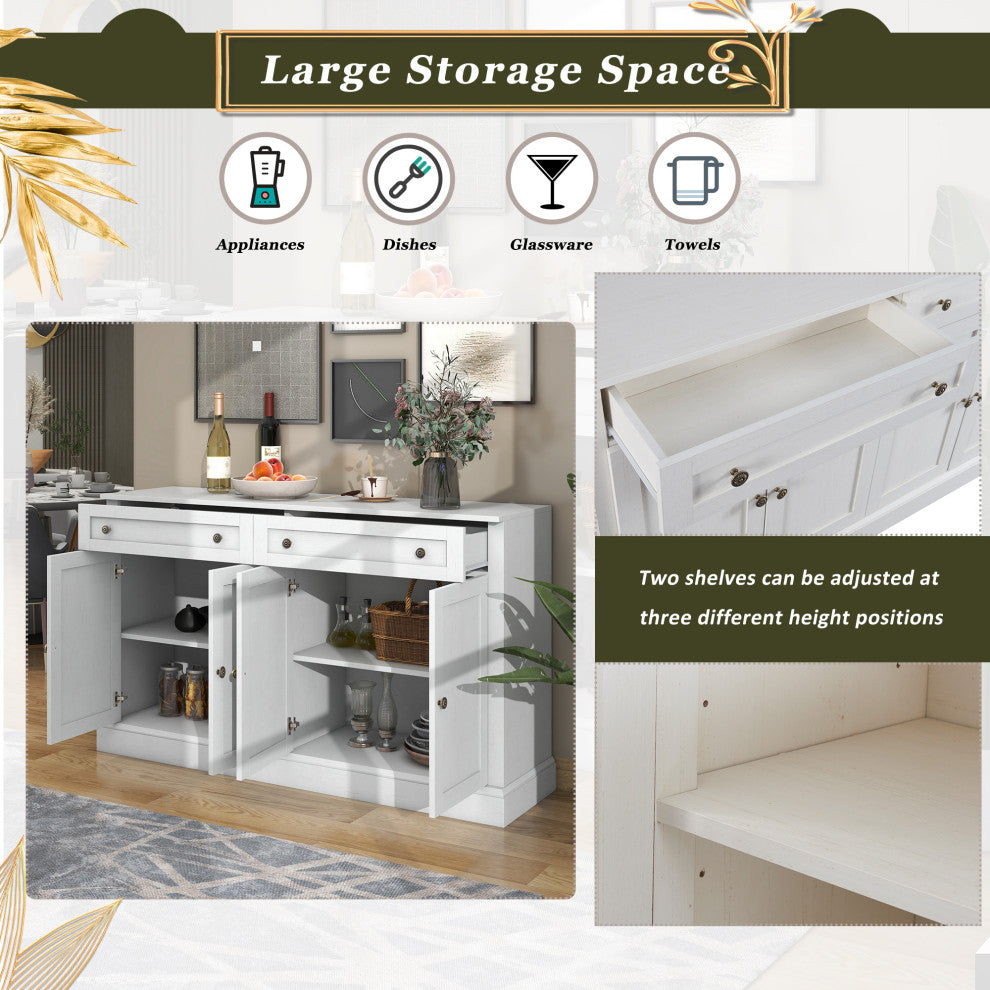 TATEUS 58" Kitchen Sideboard Storage Buffet Cabinet, Antique Whit