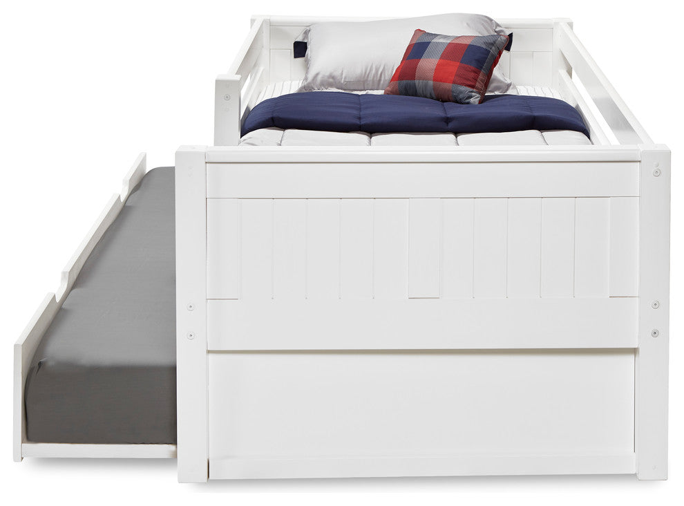 Twin Day Bed With Front Guard Rail and Twin Trundle, Panel Headboard, White