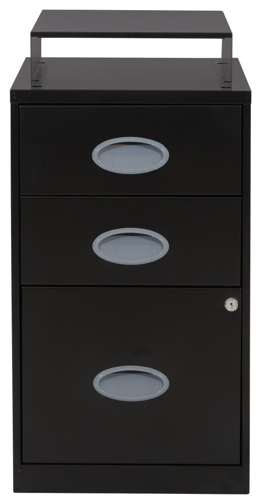 3 Drawer Locking Metal File Cabinet With Top Shelf, Black