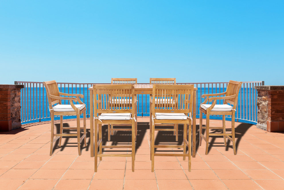 7 Piece Teak Wood Castle 71" Rectangular Bistro Bar Set with 6 Barstools w/ Arms