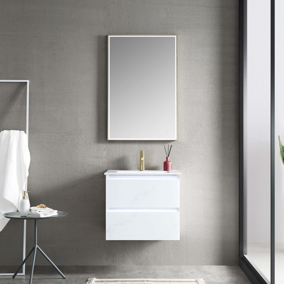 LED Lighted Bathroom Vanity With Ceramic Sink and Dimmed Light, Calacatta White, 24"