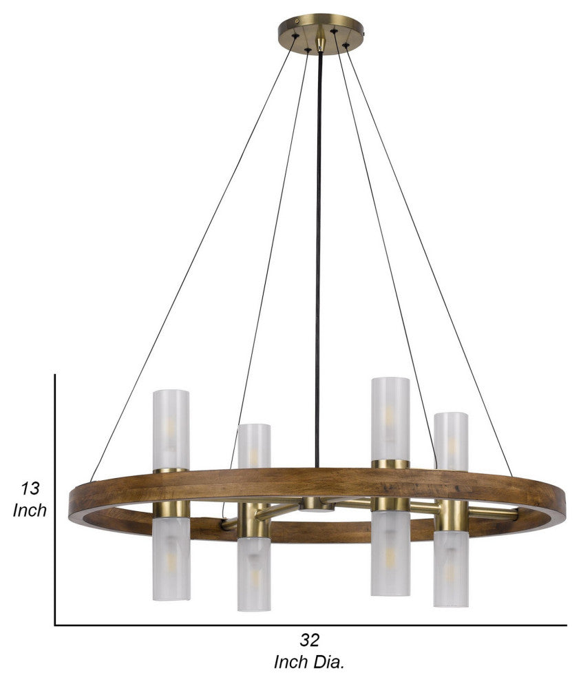 Benzara BM282184 Chandelier, Round Outer Frame, 4 Frosted Glass Shades, Brass