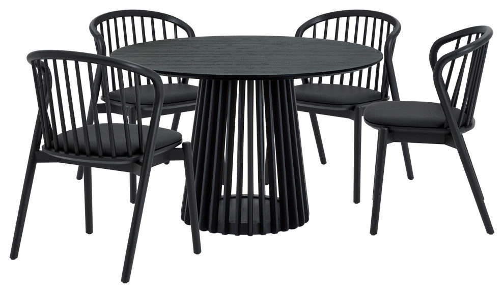Pasadena Echo 5-Piece Round Dining Set, Black Oak Finish With Black Faux Leather