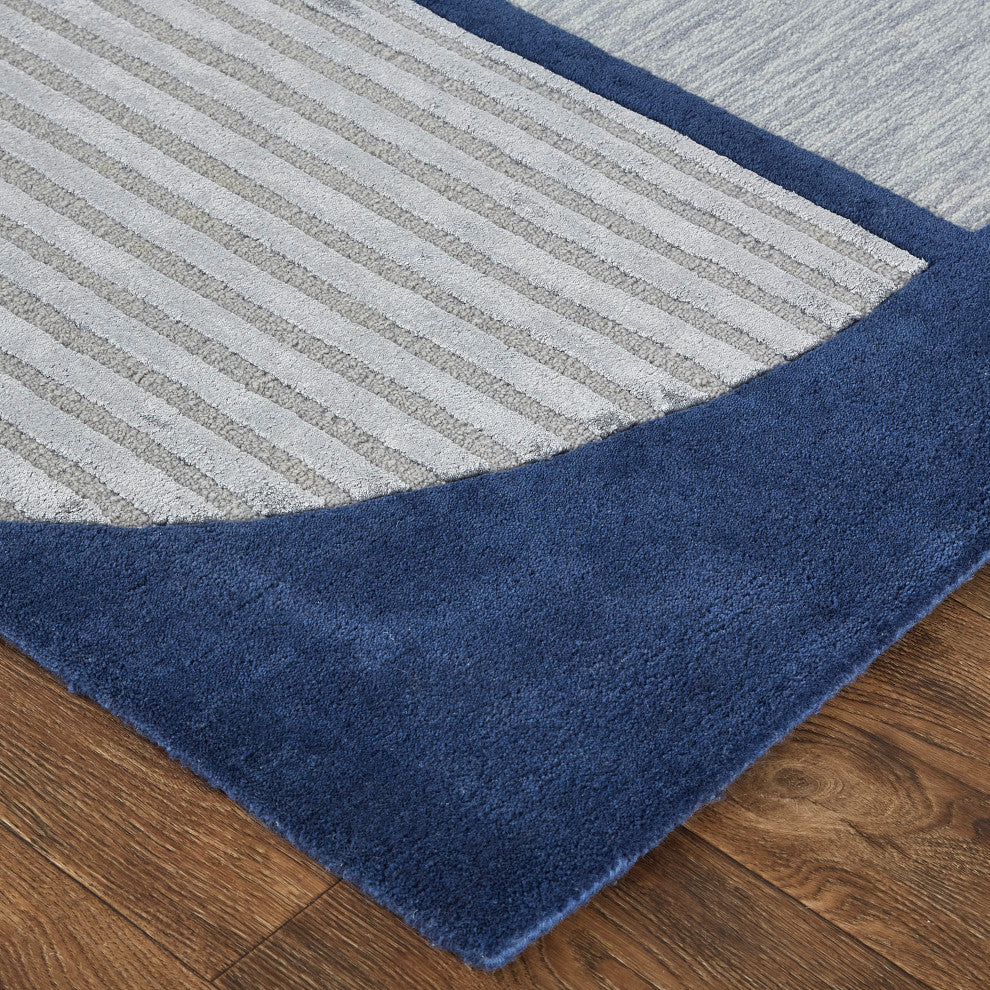 Weave & Wander Cutlor Graphic Wool Rug, Navy Blue/Silver Gray, 3ft-6in x 5ft-6in