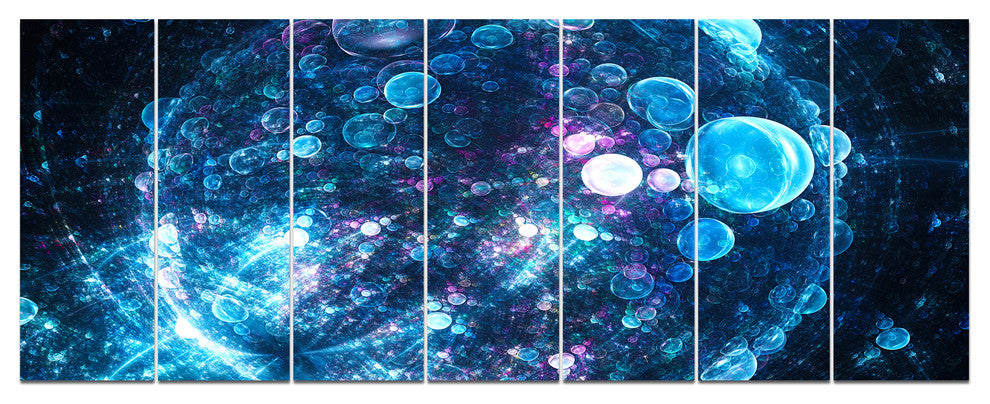 Blue Spherical Planet Bubbles, Abstract Canvas Art Print, 83"x32", 7 Panels