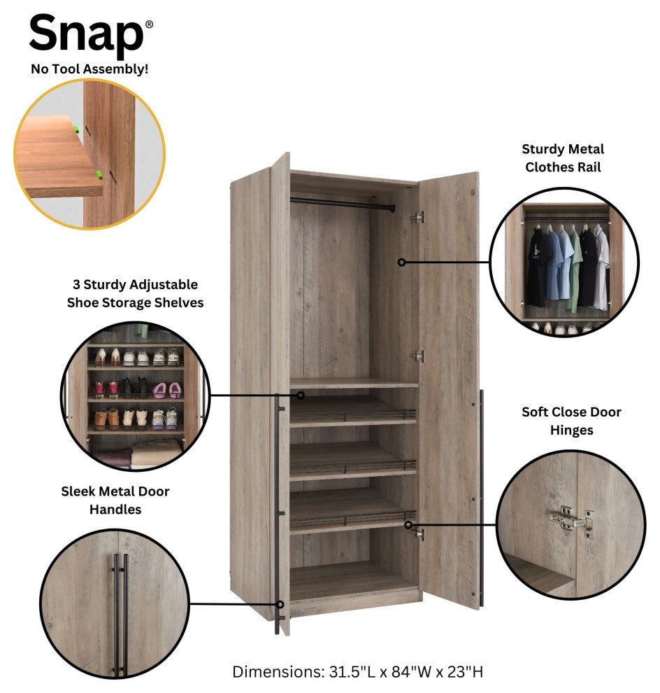 Lee Modern 2-Piece Wardrobe With 1 Rod, 2 Drawers, 3 Shoe Storage & 5 Shelves, Rustic Gray
