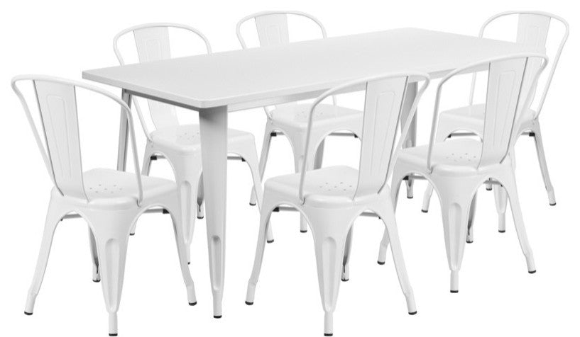 31.5''x63'' Rectangular Metal Indoor Table Set with 6 Stack Chairs, White