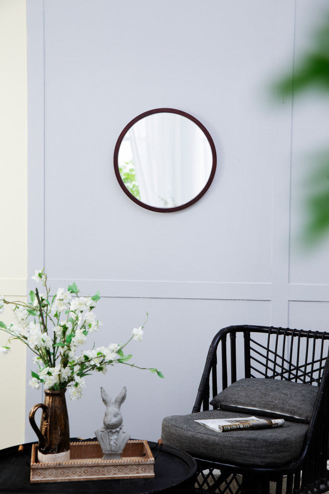 Gewnee Circle Wall Mirror with Wooden Frame, Brown