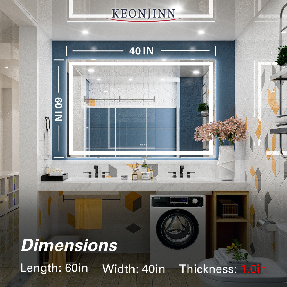 3-Colors LED Bathroom Mirror, Anti-Fog Memory Dimmable, Sliver, 60"x40"