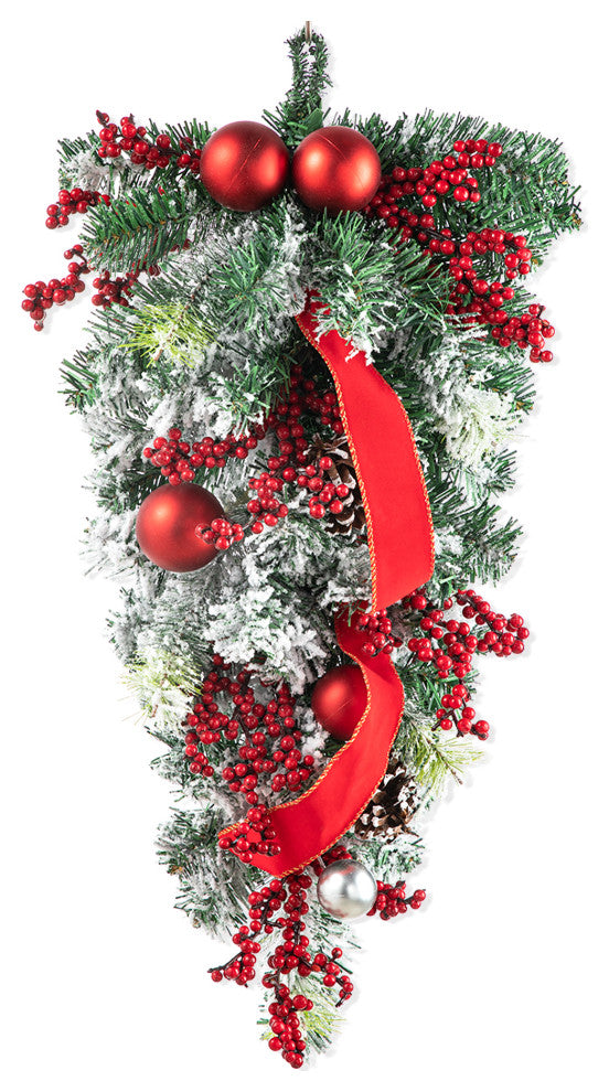 Flocked Berry and Pinecone Ribbon Teardrop