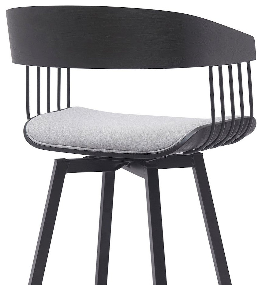 Athena Upholstered Wood Swivel Bar or Counter Stool with Black Metal