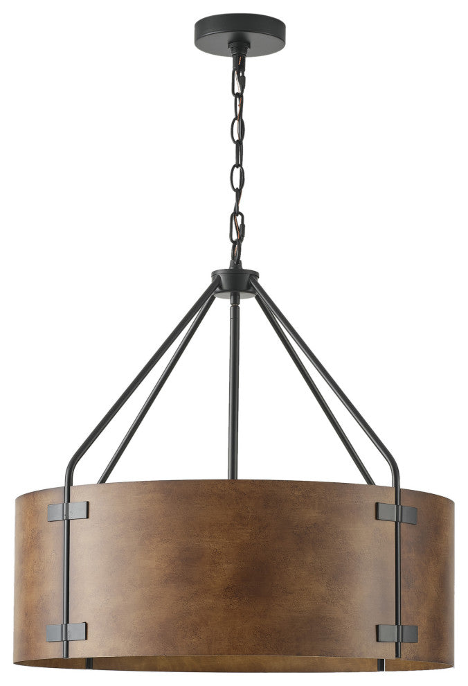 Matte Black 4-Light Metal Pendant Light With Brown Drum Shade