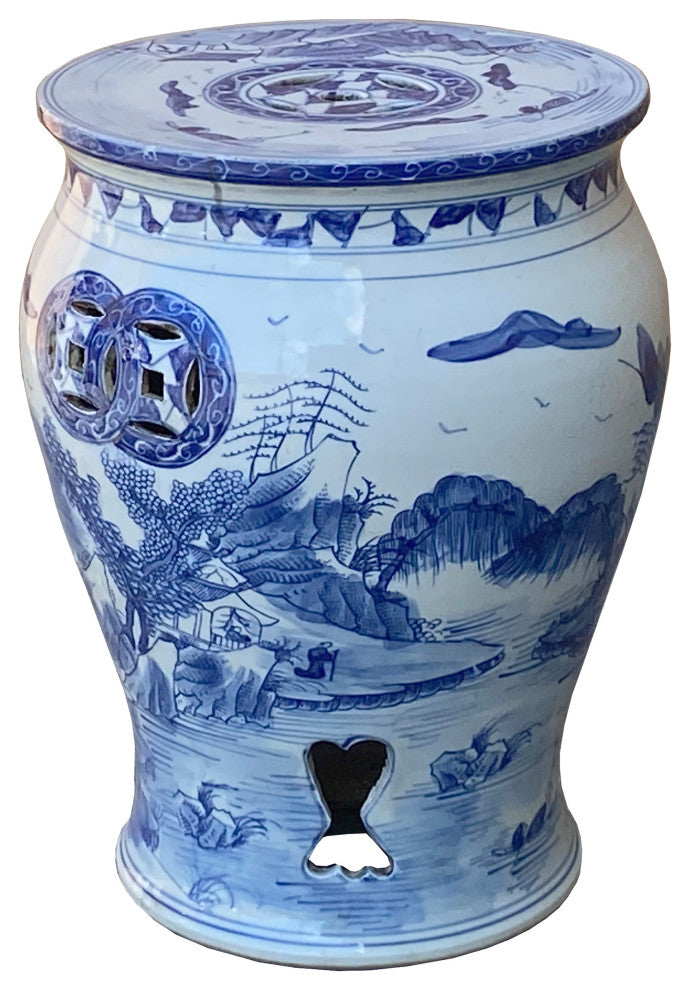 Chinese Blue and White Porcelain Mountain Tree Small Round Stool Table Hcs7405
