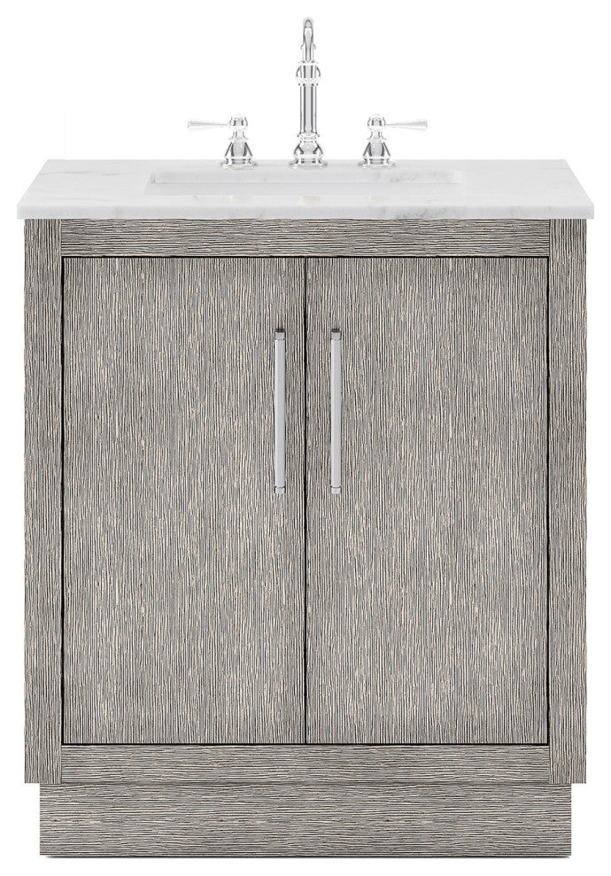 Hugo 30 Single Sink White Marble Countertop Vanity, Gray Oak With Hook Faucet