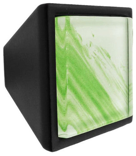 Hand Brushed Green Tilted Stroke Crystal Glass Black Metal Square Frustum Knob