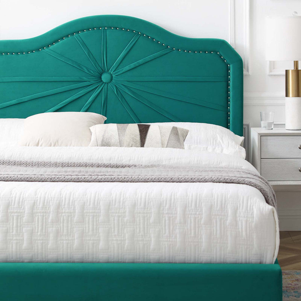 Platform Bed Frame, Twin Size, Velvet, Teal Blue, Modern Contemporary, Bedroom