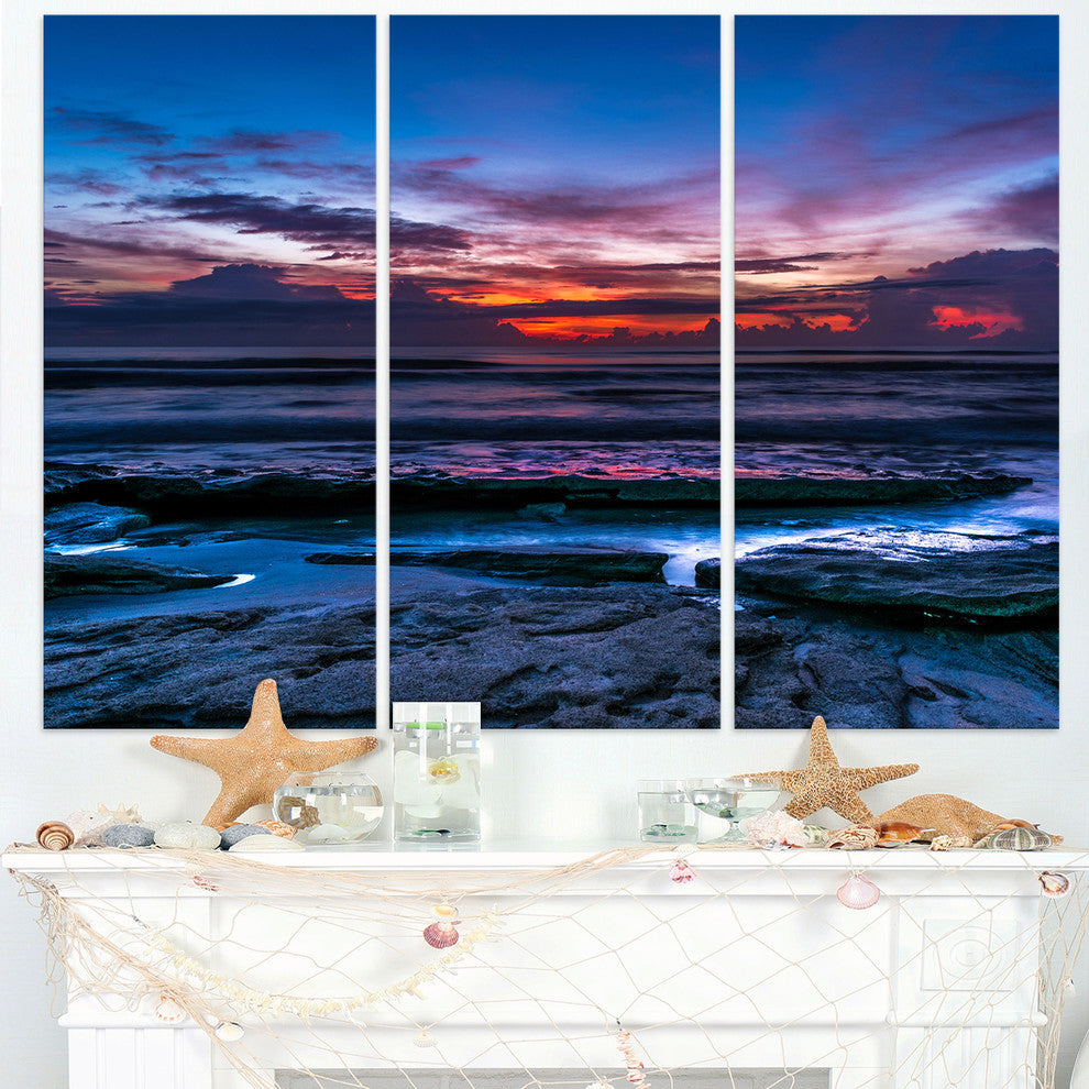 "Exotic Dark Blue Coquina Dawn" Beach Metal Wall Art, 3 Panels, 36"x28"