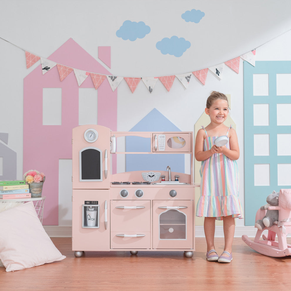 Wooden Play Kitchen Cooking Playset, Pink