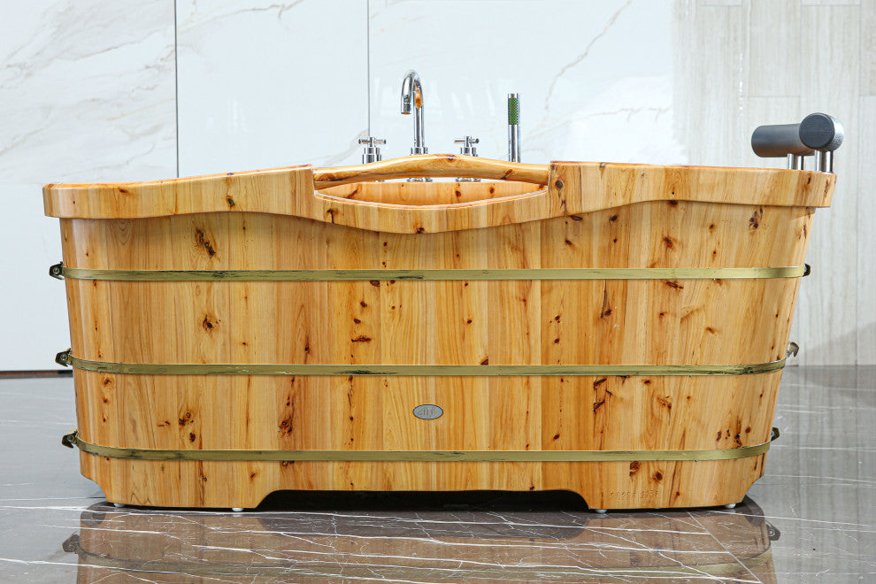 61" Free Standing Cedar Wood Bath Tub With Chrome Tub Filler