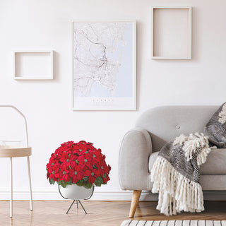 33" Grand Poinsettia Artificial Arrangement, White Vase With Metal Stand