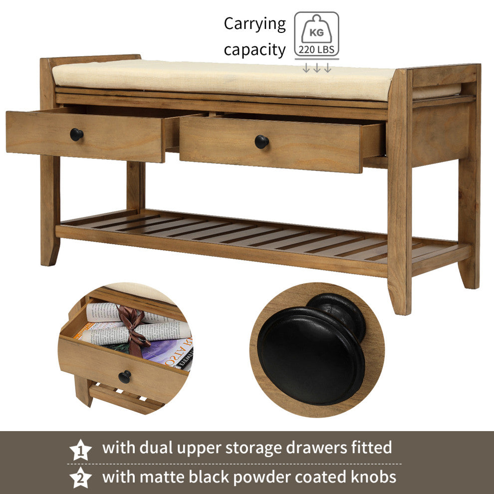 TATEUS 39" Entryway Storage Bench With Shoe Rack and Cushioned Seat, Old Pine