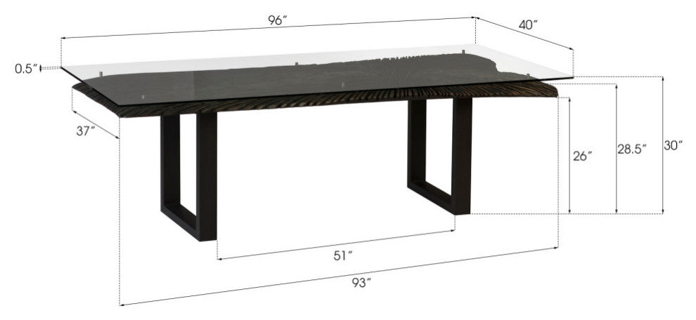 Chainsaw Dining Table with Glass, Chamcha Wood, Burnt Black, Black Iron U Legs