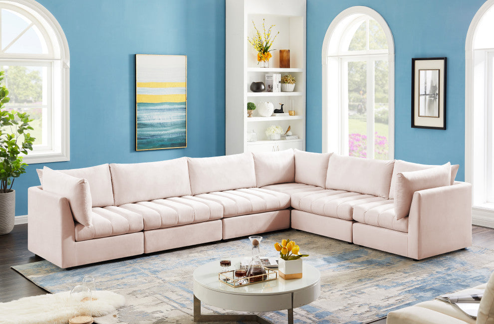 Jacob Velvet Upholstered 6-Piece L-Shaped Modular Sectional, Pink