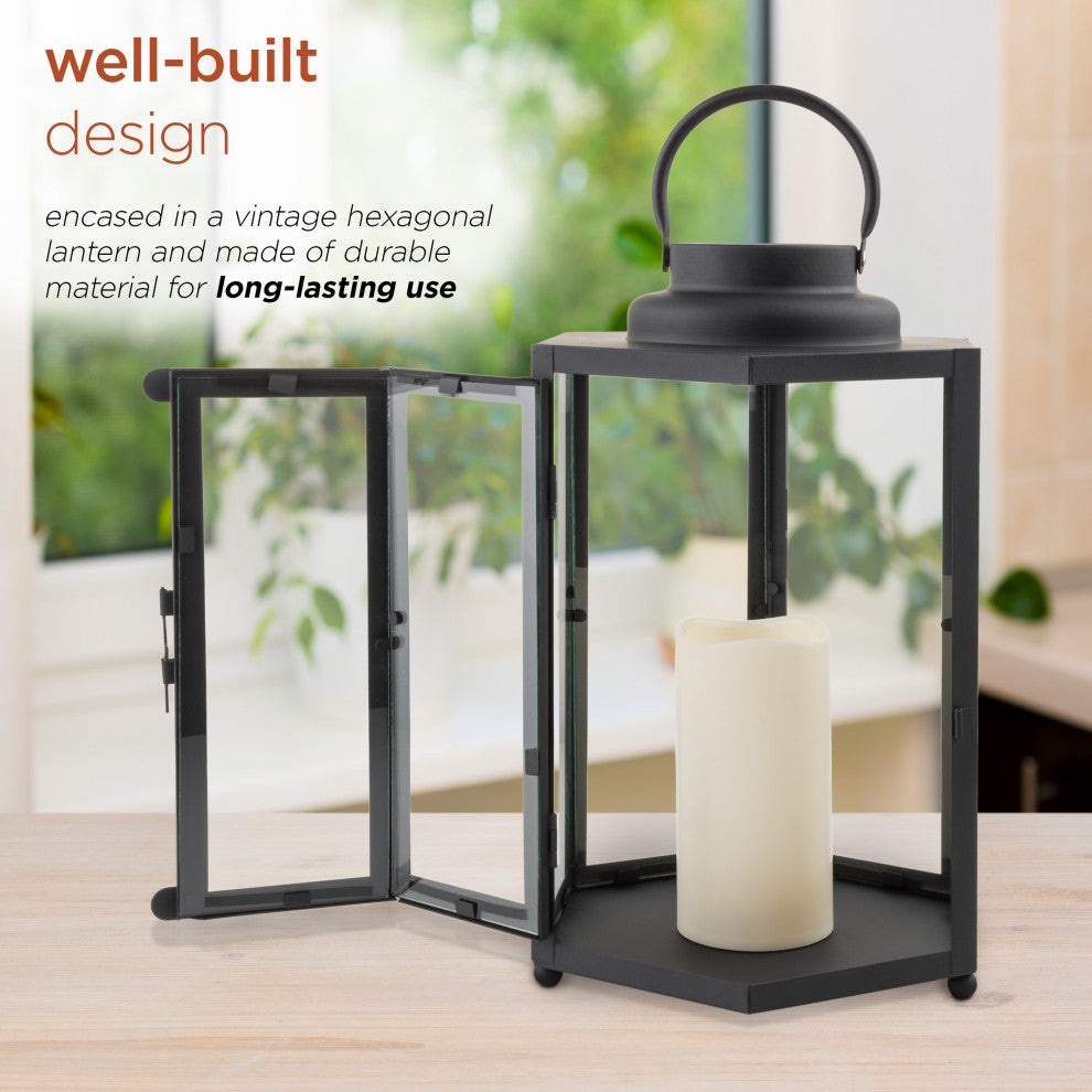 14" Tall Outdoor Hexagonal Battery-Operated Metal Lantern with LED Lights, Black