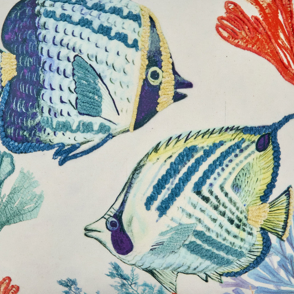 Poly Filled Throw Pillow With Tropical Fish Design, 20"x20", Multi