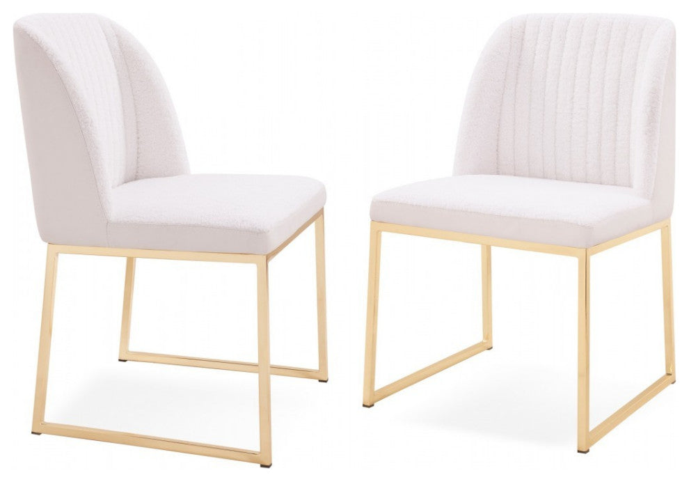 Set of Two White Gold  Faux Leather Fabric Dining Chairs