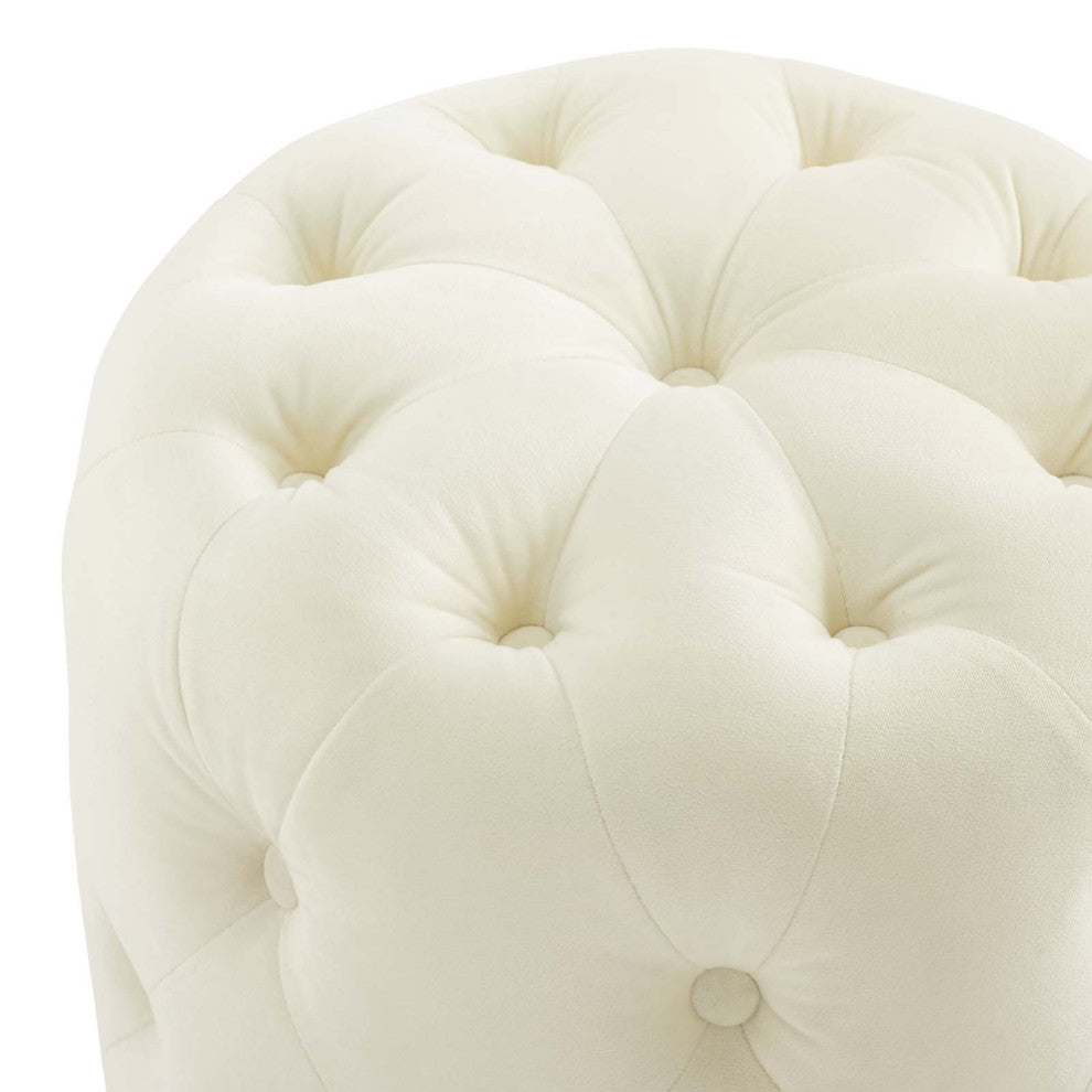 Tufted Accent Chair Ottoman, Round, Velvet, Ivory White, Modern, Lounge