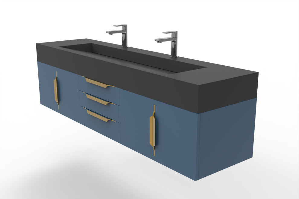 CastelloUSA Nile 72" Wall Mounted Bathroom Vanity Set, Blue, Black Top, Gold Handles