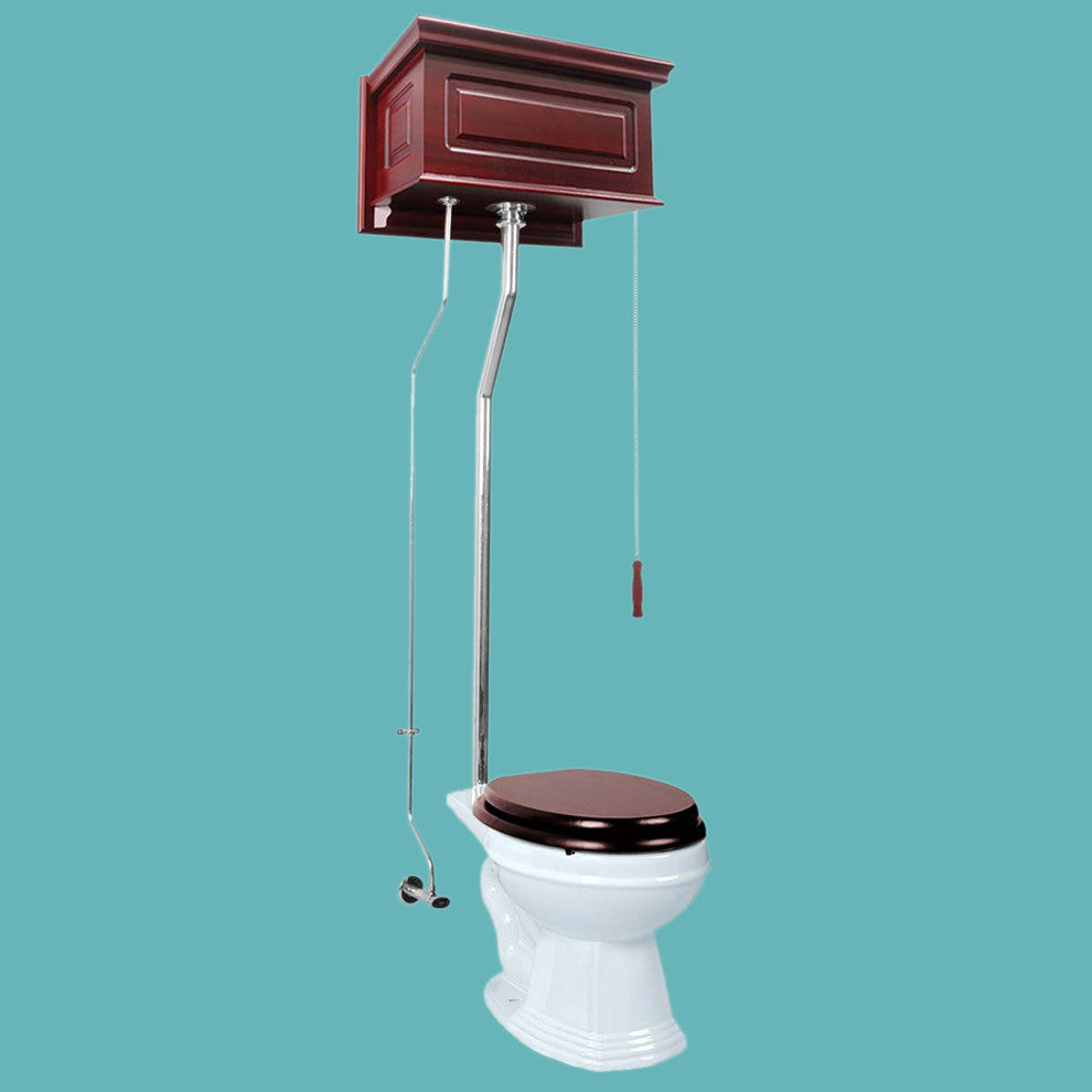 High Tank Toilets Cherry Finish Raised Tank Elong Toilet L-Pipe, White, Cherry, Silver
