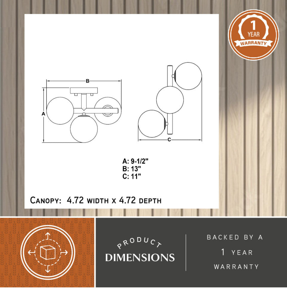 Graham 13"W Gold Brass Semi Flush Ceiling Light Fixture White Frosted Globes