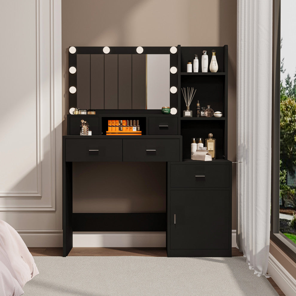 TATEUS Modern Makeup Vanity with 10 Light Modes and Ample Storage, Black White