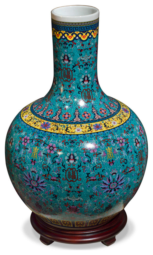 Dark Teal Blue Imperial Chinese Porcelain Temple Vase, With Stand
