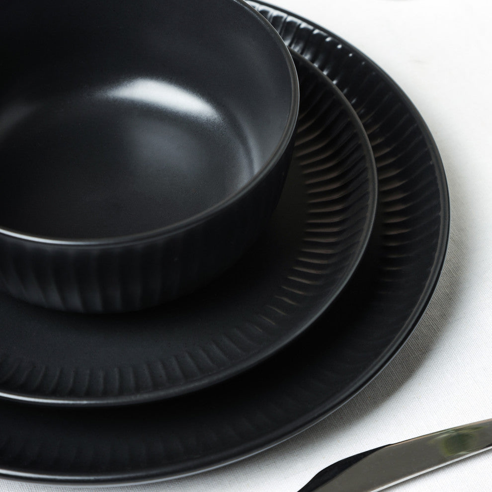 Stone Lain Logan Stoneware 16 Piece Dinnerware Set With Pasta Bowls, Black