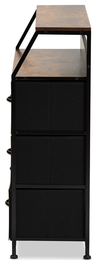 Industrial Walnut Brown Finished Wood Black Metal 5-Drawer Storage Cabinet