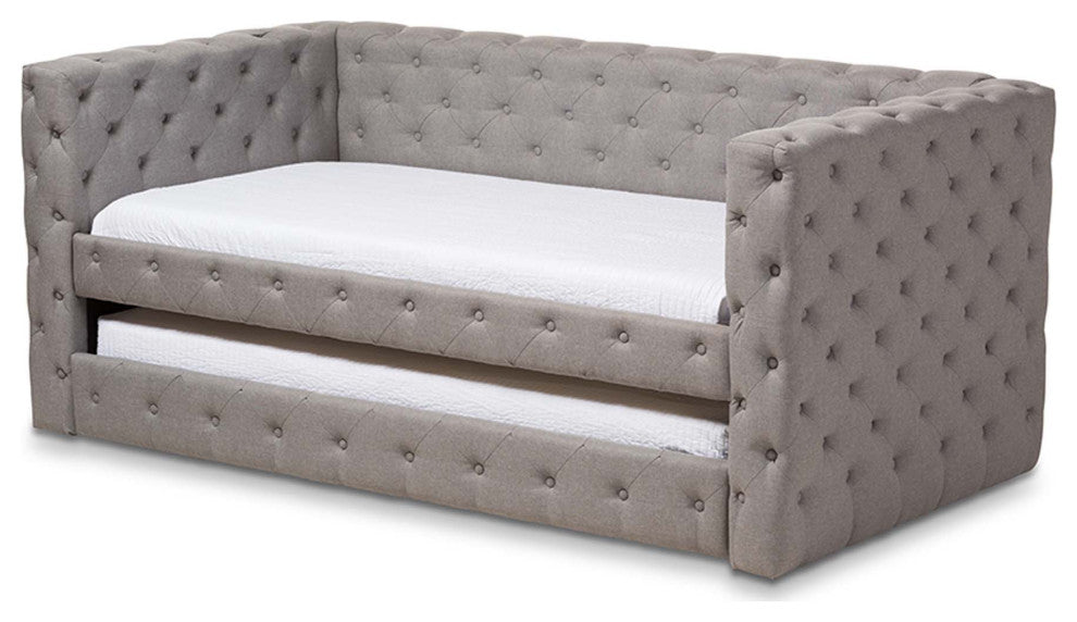 Raven Fabric Tufted Upholstered Daybed With Trundle, Twin Size, Gray